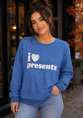 NWT Chaser I Love Presents Graphic Sweatshirt Small Blue Super Soft